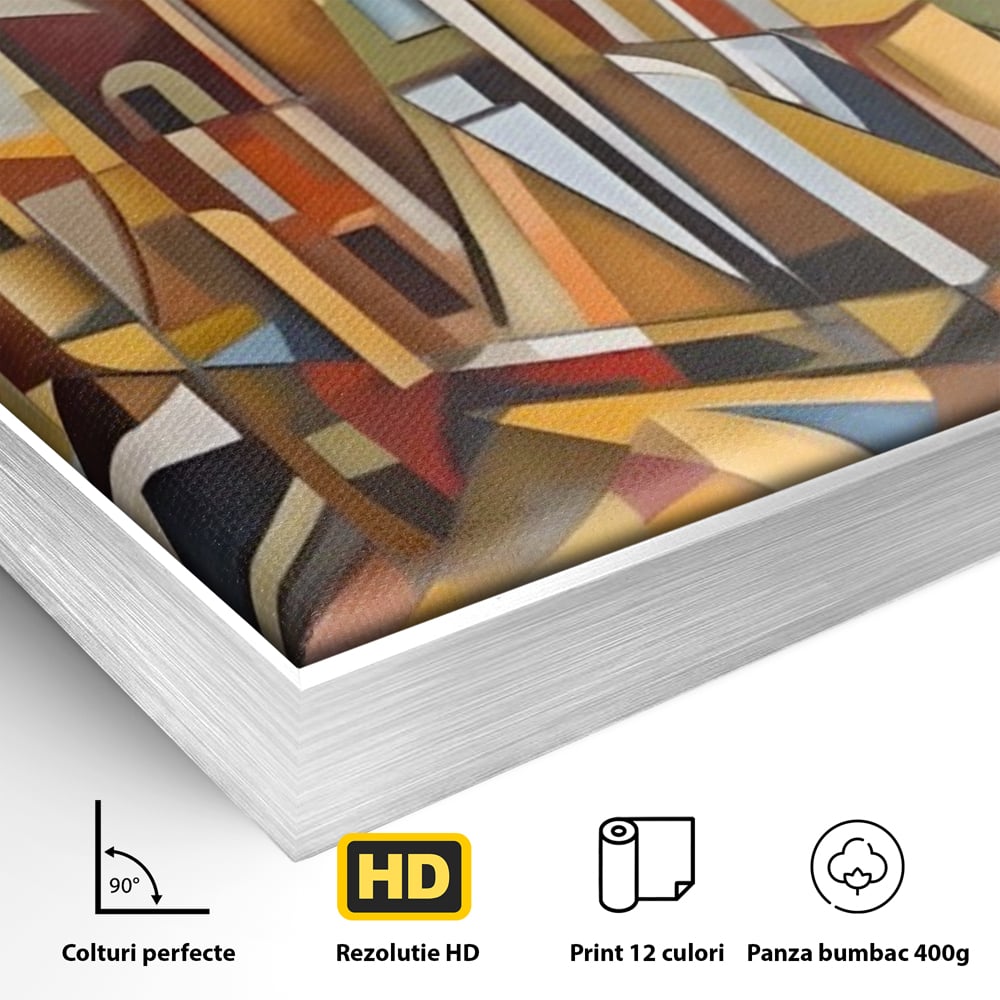 Detaliu al suprafetei: tablou abstract cu peisaj urban, in rama de aluminiu argintiu
